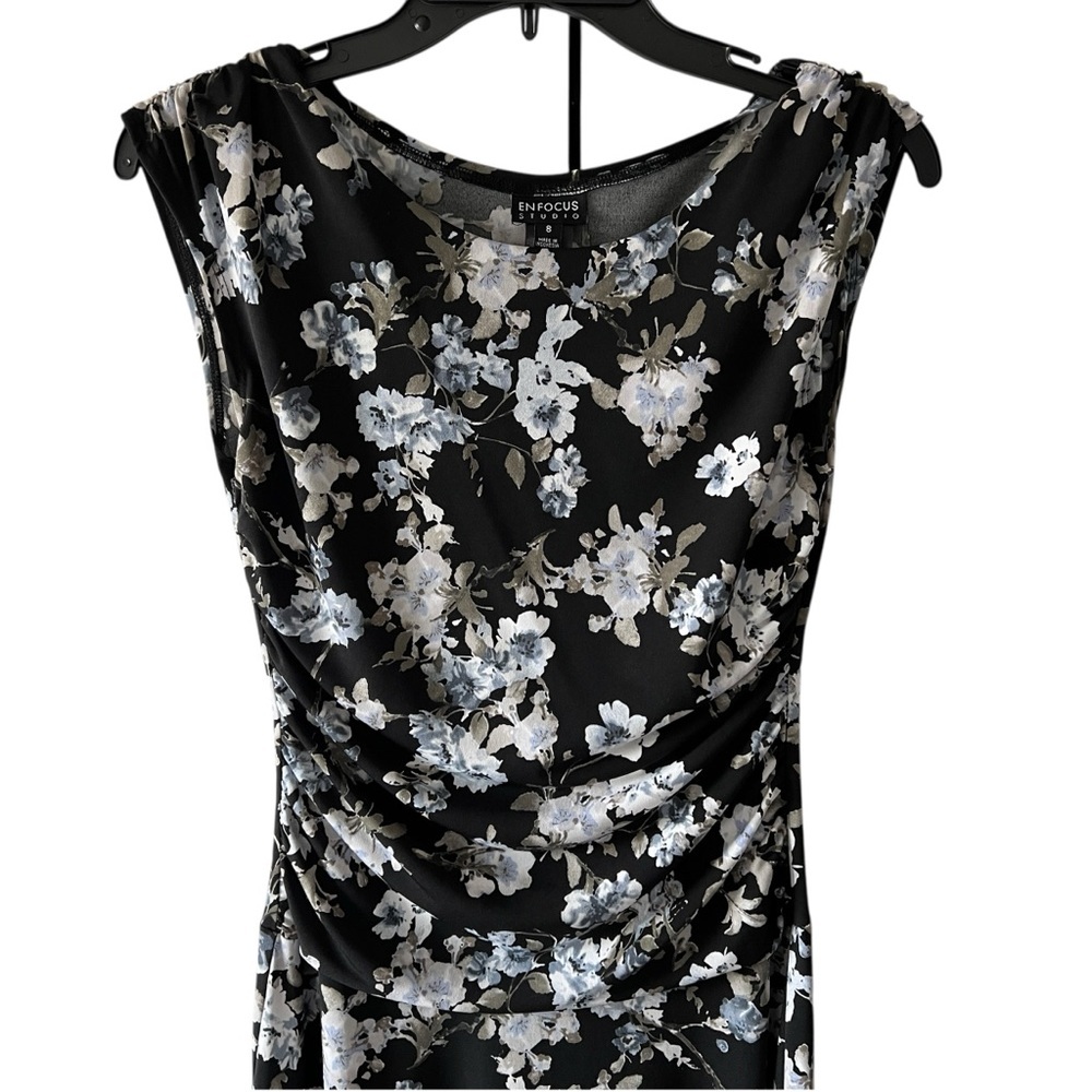 Vintage Floral Ruched Midi Dress Black Blue White Cap Sleeve 90s Cottagecore SM - Picture 2 of 9